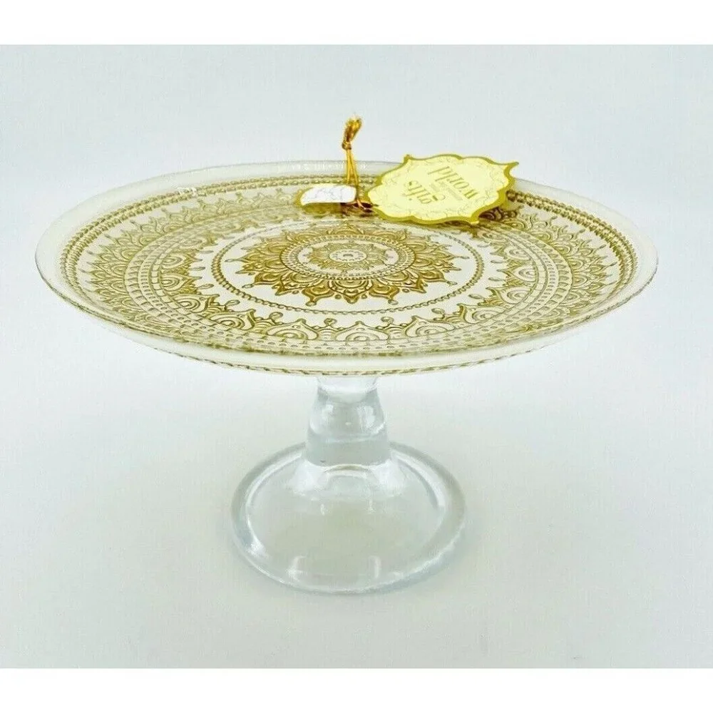 Turkish Glass White Cake Stand Glass Pedestal Dessert Platter Gold Lace 8.2